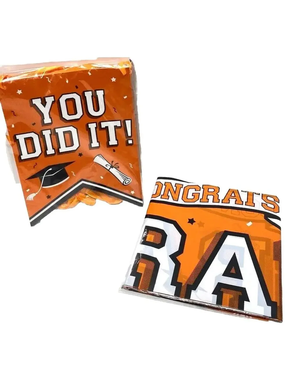 Orange Graduation Party Tablecloth with “Congrats Grad You Did It” Banner Decor